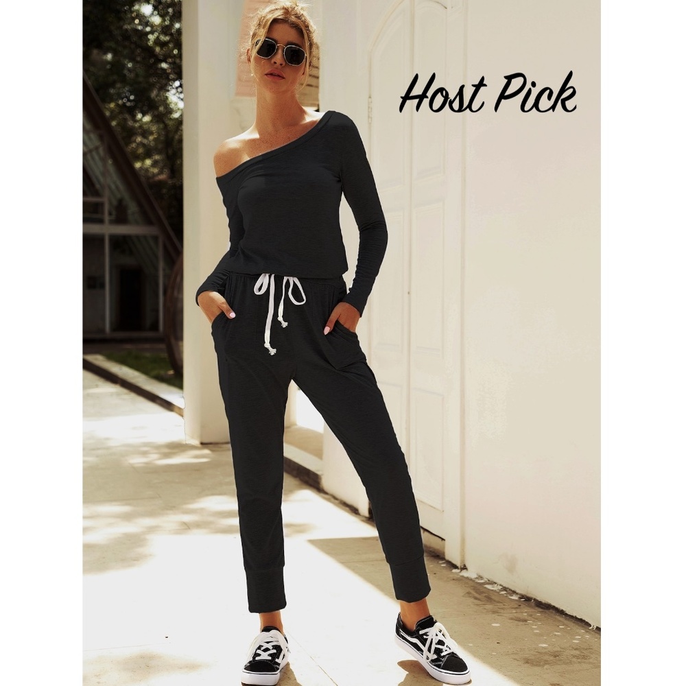 Off Shoulder Contrast Drawstring Black Jumpsuit - Picture 1 of 16